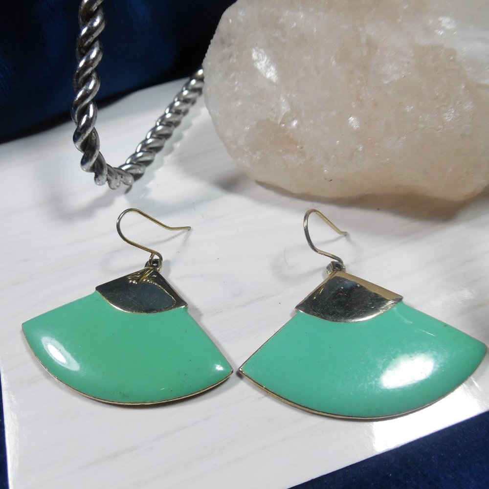 Turquoise GOLDTONE FAN DANGLE EARRINGS... BEAUTIFUL VINTAGE